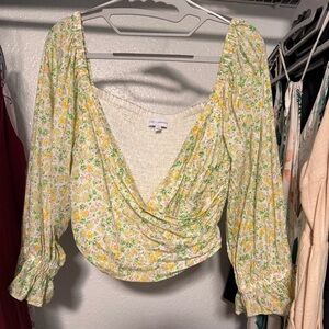 Lost + Wander Floral Wrap Blouse in Yellow and Green